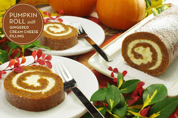 Pumpkin Roll with Gingered Cream Cheese Filling