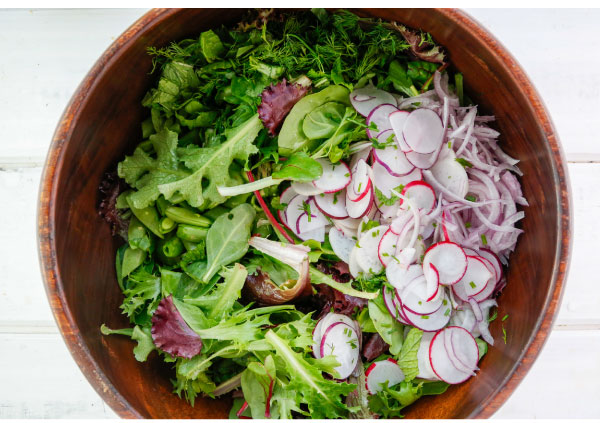 Spring Asparagus, Sugar Snap Peas, and Radish Salad
with Quinoa and Goat Cheese