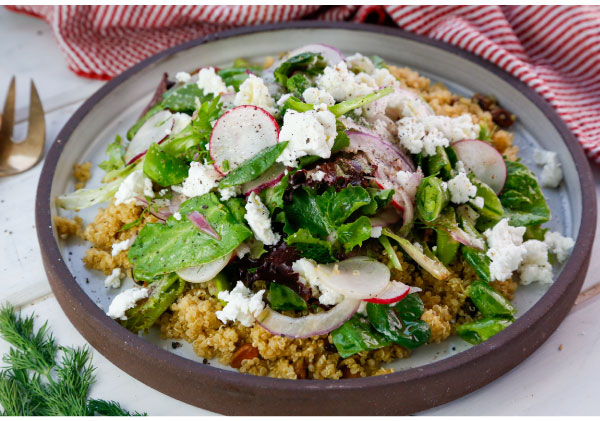 Spring Asparagus, Sugar Snap Peas, and Radish Salad
with Quinoa and Goat Cheese