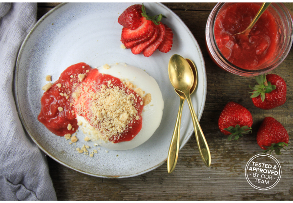 Panna Cotta with Strawberry-Rhubarb Sauce and Crumbled Shortbread