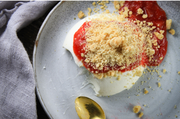 Panna Cotta with Strawberry-Rhubarb Sauce and Crumbled Shortbread