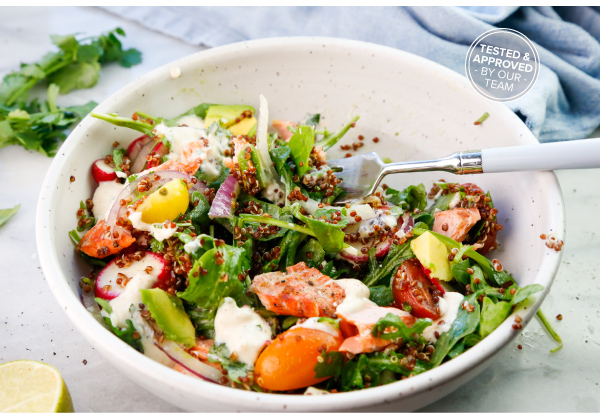 Grilled Salmon Salad with Red Quinoa, Avocado, and a Cilantro Lime Crema