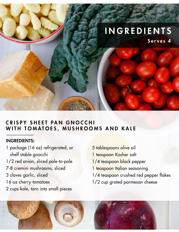 Crispy Sheet Pan Gnocchi with Tomatoes, Mushrooms, and Kale