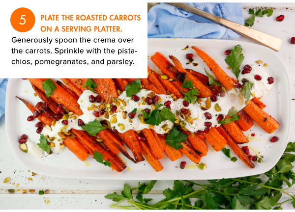 Roasted Carrots with Pistachios, Pomegranate, Parsley, and a Spicy Crema